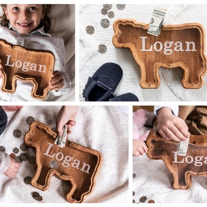 Wooden Cow Shaped Piggy Banks with Personalized Engraving on the Clear Front With White Background and Child Holding The Bank
USA Red Oak Wood, This wood Gives The Bank A Natural Red/ Brown Look