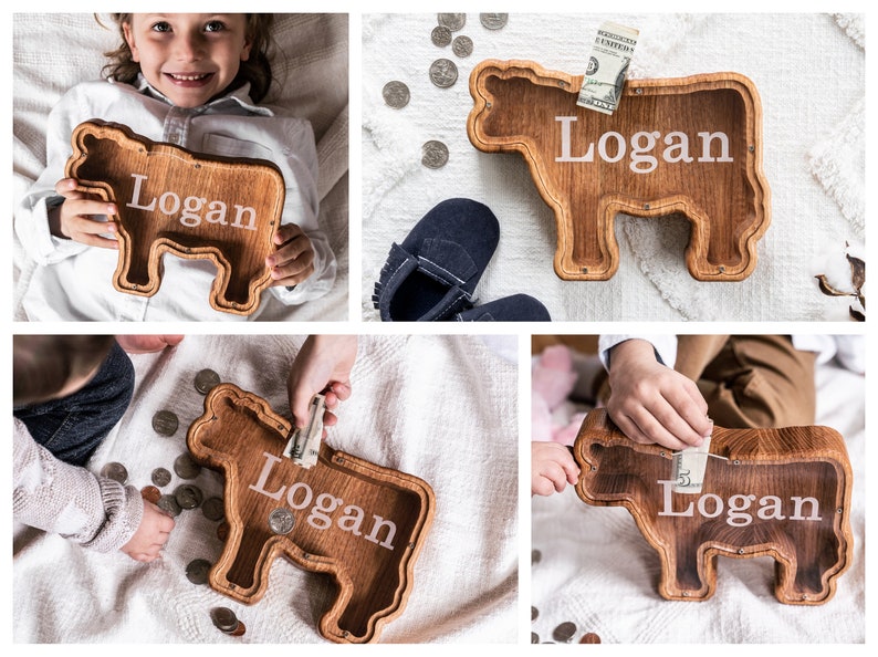 Wooden Cow Shaped Piggy Banks with Personalized Engraving on the Clear Front With White Background and Child Holding The Bank
USA Red Oak Wood, This wood Gives The Bank A Natural Red/ Brown Look