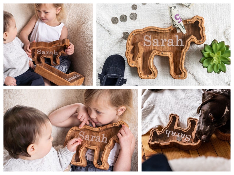 Wooden Horse Shaped Piggy Banks with Personalized Engraving on the Clear Front With White Background and Children Holding Banks
Made With USA Red Oak Wood, This wood Gives The Bank A Natural Red/ Brown Look