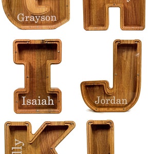 Personalized Red Oak Wooden Letter Piggy Banks Examples G-L With White Background