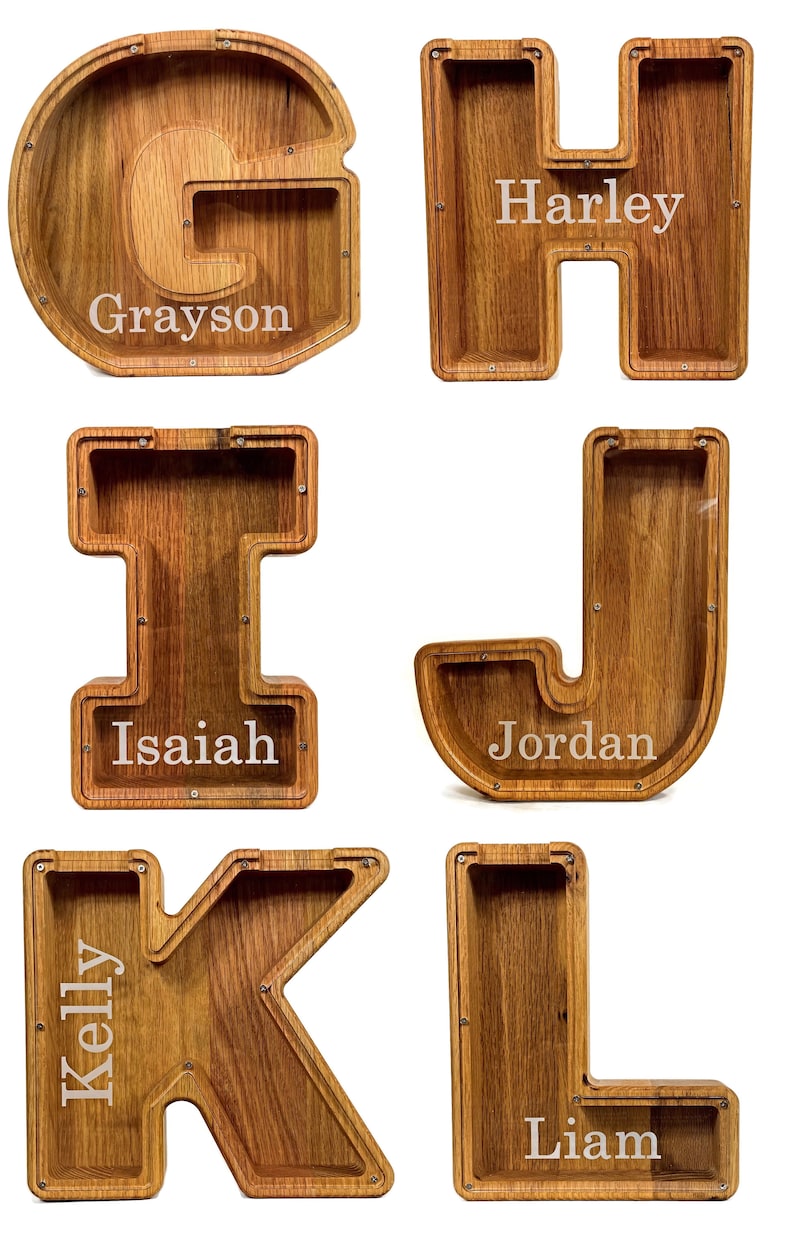 Personalized Red Oak Wooden Letter Piggy Banks Examples G-L With White Background