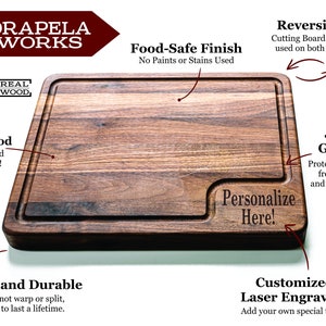May include: A large, rectangular, wooden cutting board with a juice groove and a personalized area. The board is made of real wood and has a food-safe finish. It is reversible and can be used on both sides. The board is handcrafted in the USA.