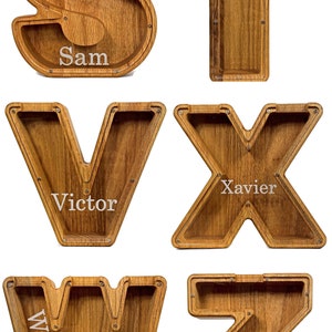 Personalized Red Oak Wooden Letter Piggy Banks Examples S-Z With White Background