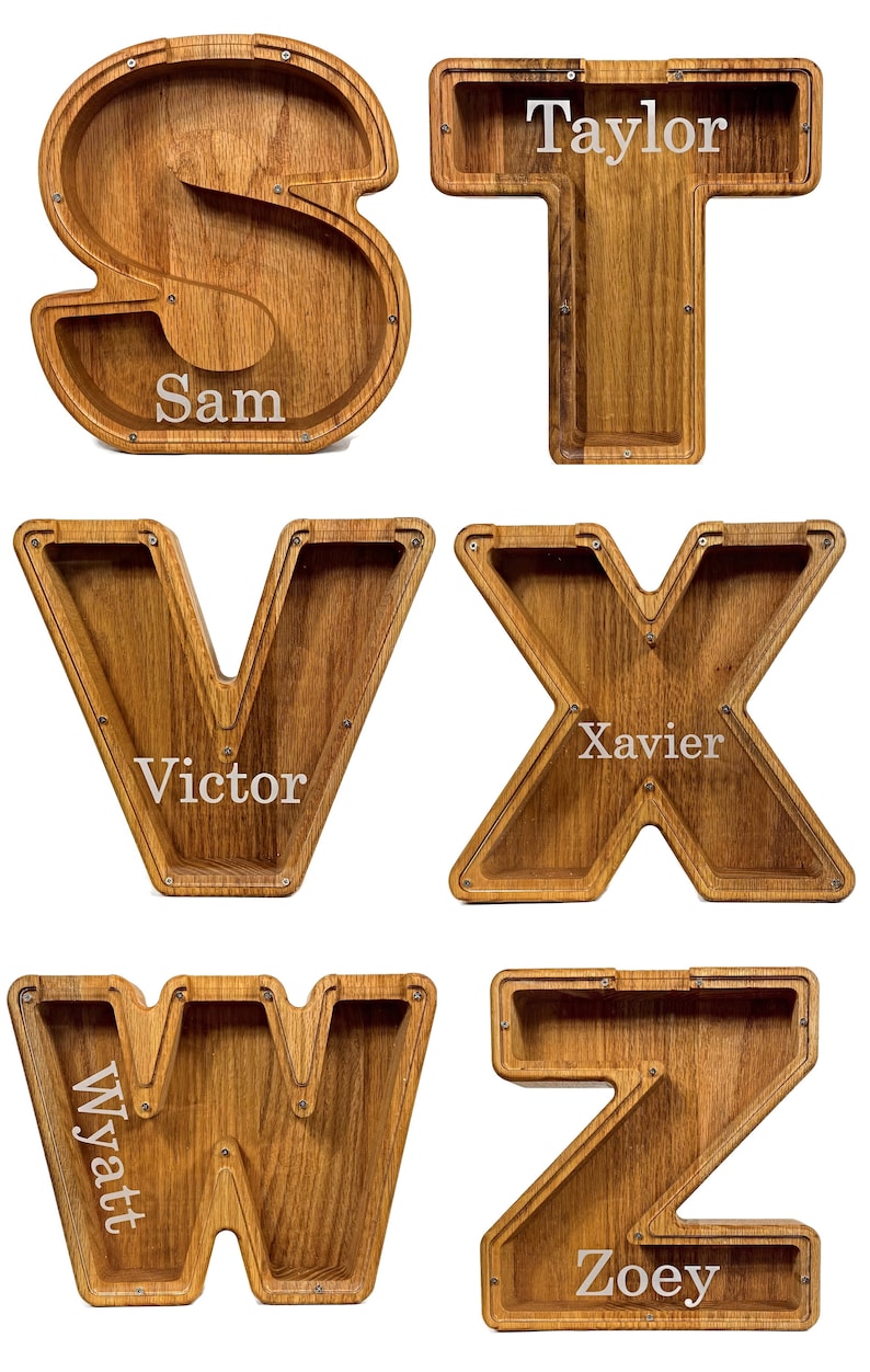 Personalized Red Oak Wooden Letter Piggy Banks Examples S-Z With White Background