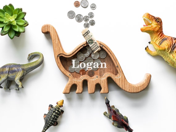 Dinosaur Piggy Bank, Personalized Dinosaur Decoration, Wood Piggy Bank, Teach Savings Montessori Bank, Money Change Jar, Kids Piggy Bank