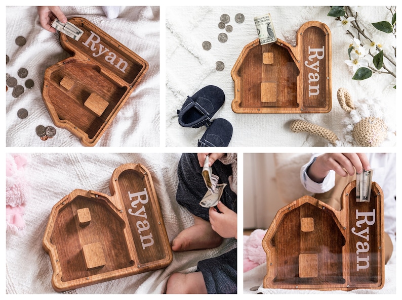 Wooden Barn Shaped Piggy Banks with Personalized Engraving on the Clear Front With White Background And Child Placing Dollar Bill In Bank
USA Red Oak Wood, This wood Gives The Bank A Natural Red/ Brown Look