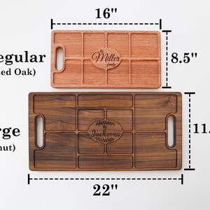 A Small Red Oak Charcuterie Board 16" by 8.5 " and a large Walnut charcuterie 11.25" by 22" Shown in  Front of a white background