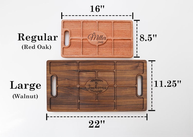A Small Red Oak Charcuterie Board 16" by 8.5 " and a large Walnut charcuterie 11.25" by 22" Shown in  Front of a white background