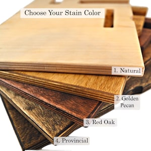 May include: Five wood samples stained in different colors: natural, golden pecan, red oak, provincial, and dark walnut. Choose Your Stain Color.