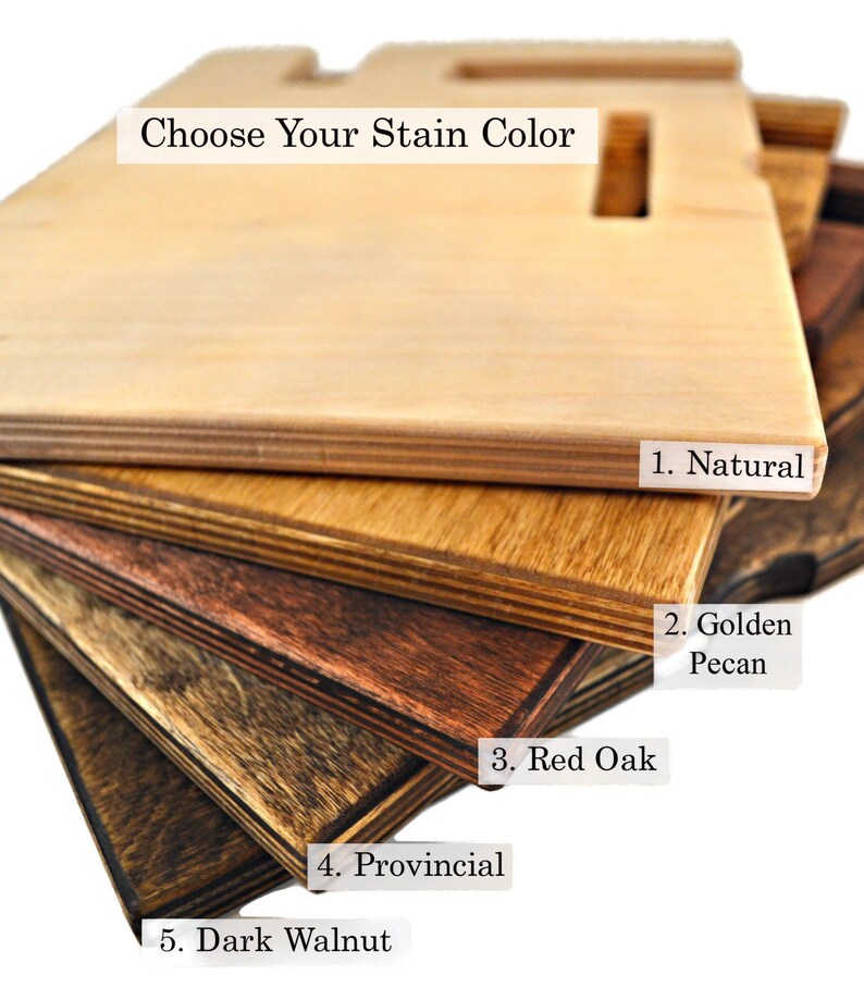 May include: Five wood samples stained in different colors: natural, golden pecan, red oak, provincial, and dark walnut. Choose Your Stain Color.