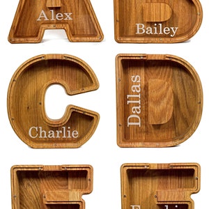 Personalized Red Oak Wooden Letter Piggy Banks Examples A-F With White Background