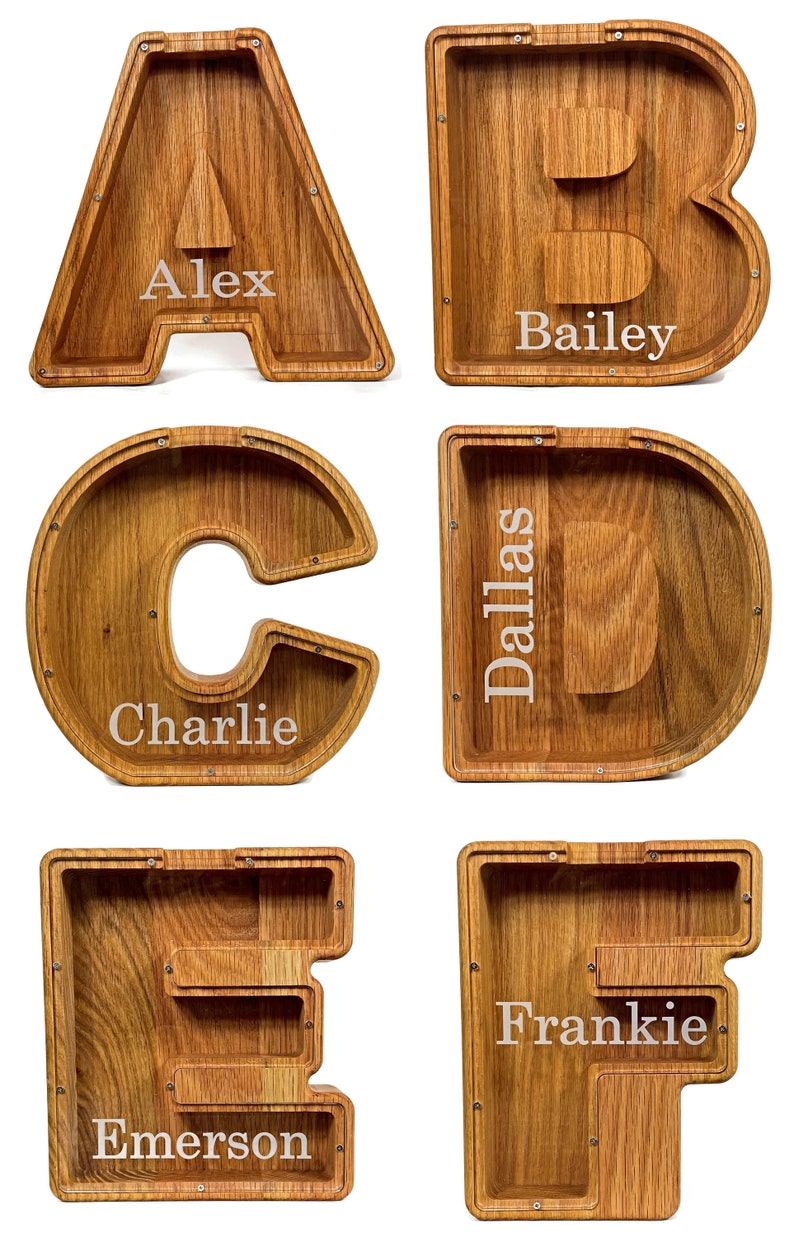 Personalized Red Oak Wooden Letter Piggy Banks Examples A-F With White Background