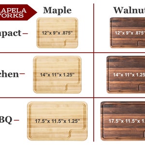 May include: A comparison chart of cutting boards in maple and walnut wood. The chart shows three sizes: Compact, Kitchen, and BBQ. Each size is listed with its dimensions in inches.