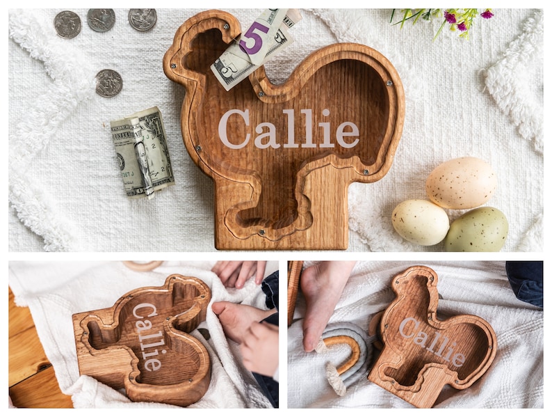 Wooden Chicken Shaped Piggy Banks with Personalized Engraving on the Clear Front With White Background.
USA Red Oak Wood, This wood Gives The Bank A Natural Red/ Brown Look