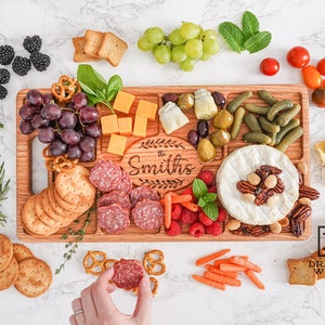 Red Oak Charcuterie covered  and surrounded in fruit, Ham, Crackers, and Nuts 
Sitting on a countertop