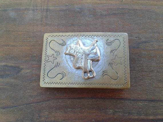 Vintage 1950s Western Belt Buckle Solid Brass Dis… - image 1