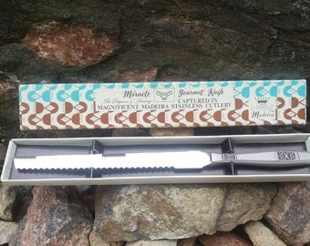 Cuchillo de talla inoxidable Madeira de la década de 1960, cuchillo gourmet milagroso, cuchillo vintage en caja, cocina turquesa, cocina marrón, decoración de cocina vintage