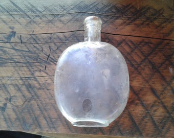 ca. 1880 Pint Antique Glass Flask Pumpkin Seed Picnic Vintage Barware Whiskey Flask