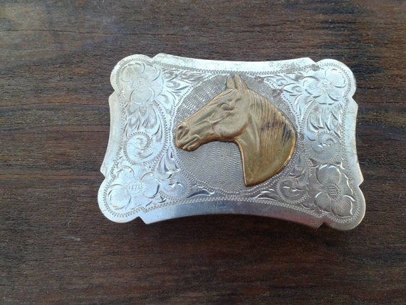 Vintage 1950s Western Belt Buckle Horse Head Rode… - image 1