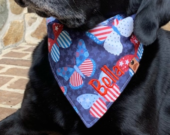Pañuelo patriótico para perro: Mariposa roja, blanca y azul, Día de los Caídos, 4 de julio