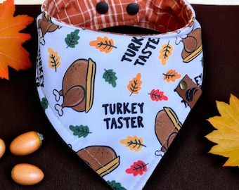 May include: A light blue dog bandana with a Thanksgiving theme. The bandana features illustrations of roasted turkey, autumn leaves, and the text "Turkey Taster". The reverse side is a brown and white plaid pattern.