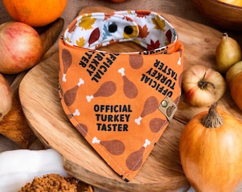 May include: Orange dog bandana with brown turkey leg graphics and the text "OFFICIAL TURKEY TASTER". The reverse side has a white background with fall leaves. Features a snap closure. Thanksgiving pet accessory.