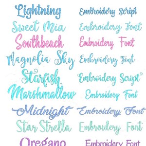 May include: A list of available fonts for embroidery, including Lightning, Sweet Mia, Southbeach, Magnolia Sky, Starfish, Marshmallow, Midnight, Star Strella, Oregano, and Beautiful People. Each font is labeled with "Embroidery Font" or "Embroidery Script".