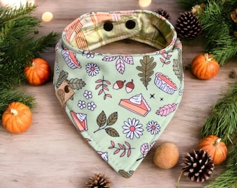 May include: A light green dog bandana with a fall-themed pattern featuring pie slices, acorns, and leaves. The bandana has a plaid lining and is secured with snaps. The background includes pumpkins and pinecones.