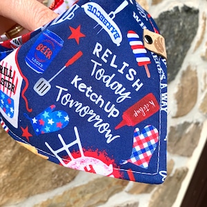 Dog bandana Hot dog bandana barbecue dog  grill master gift Memorial Day bandana snap on scarf hamburger dog gift new dog birthday bandana