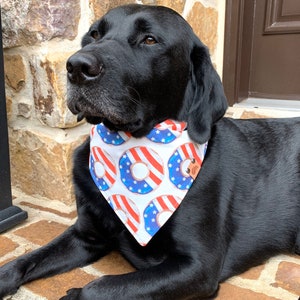May include: A black Labrador Retriever dog wearing a white bandana with a red, white, and blue donut pattern. The bandana has a small brown bear logo on the bottom right corner.
