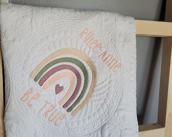 Rainbow Baby Quilt: Boho Heirloom Blanket, Personalized Embroidery
