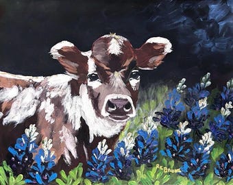 Moody Texas Calf Bluebonnets Acrylic Painting 12x16 – Baby Cow Art Canvas