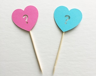 12pc Gender Reveal Pink Blue Hearts cupcake toppers, Gender Reveal Pink Blue Hearts food picks, gender reveal party decor, baby party decor