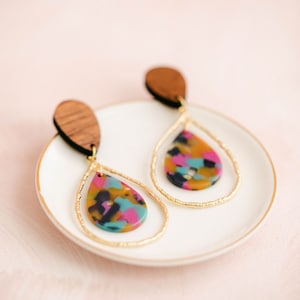 Golden teardrop and multi colored acrylic and Mesquite Wood Earrings, Dangle Earrings, Mesquite Jewelry, Wood Jewelry, Long Earrings