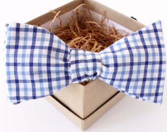 Cotton Gingham Bow Tie - Light Blue and Navy Bow Tie - Mens Freestyle Bow Tie - Womens Bow Tie - Navy and Dusty Blue Bow Tie