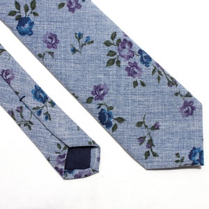 Blue Floral Chambray Tie - Men's Blue Skinny Tie - Women's Flower Tie - Blue and Purple Skinny Tie