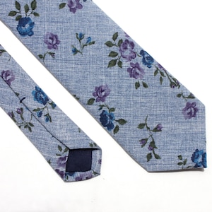 Blue Floral Chambray Tie - Men's Blue Skinny Tie - Women's Flower Tie - Blue and Purple Skinny Tie