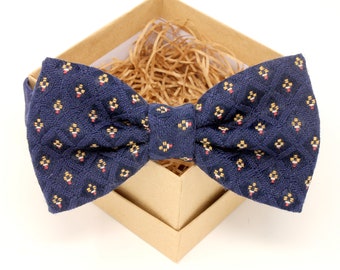 Navy Blue Diamond Pattern Bow Tie - Mens Pre-Tied Bow Tie - Womens Pre-Tied Bow Tie - Blue Textured Bow Tie - Groom Bow Tie