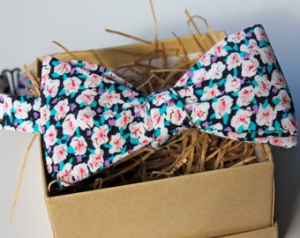 Bright Pink, Purple, and Blue Floral Bow Tie - Freestyle Floral Bow Tie - Small Flower Print Bow Tie - Self-Tie Bow Tie - 90s Print Bow Tie