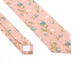 Light Pink and Blue Floral Tie - Men's Floral Skinny Tie - Women's Pink Tie - Rose Quartz and Dusty Blue Cotton Skinny Tie - Wedding Tie