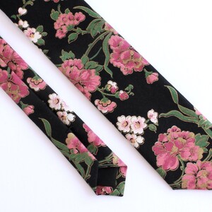 Black, Pink, & Gold Floral Skinny Tie - Women&#39;s Flower Tie - Cotton Tie with Gold Accents