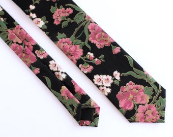 Black, Pink, & Gold Floral Skinny Tie - Women's Flower Tie - Cotton Tie with Gold Accents