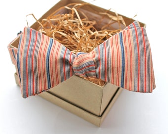 Salmon and Navy Striped Bow Tie - Mens Freestyle Bow Tie - Womens Bow Tie - Adjustable Bow Tie - Vintage Bow Tie - Pink and Blue Bow Tie