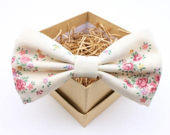 Cream and Pink Floral Bow Tie - Mens Pre-Tied Bow Tie - Womens Pre-Tied Bow Tie - Vintage Bow Tie - Southern Wedding Bow Tie