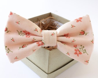 Peach and Coral Floral Bow Tie - Mens Pre-Tied Bow Tie - Womens Flower Bow Tie - Vintage Floral Bow Tie