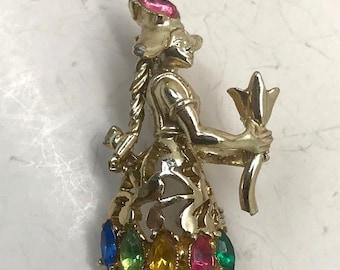 Vintage Detailed Figural Gold Tone and Rainbow Navette Rhinestone Dutch Girl Brooch