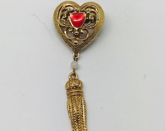 Vintage Gold Tone Dangling Heart Brooch