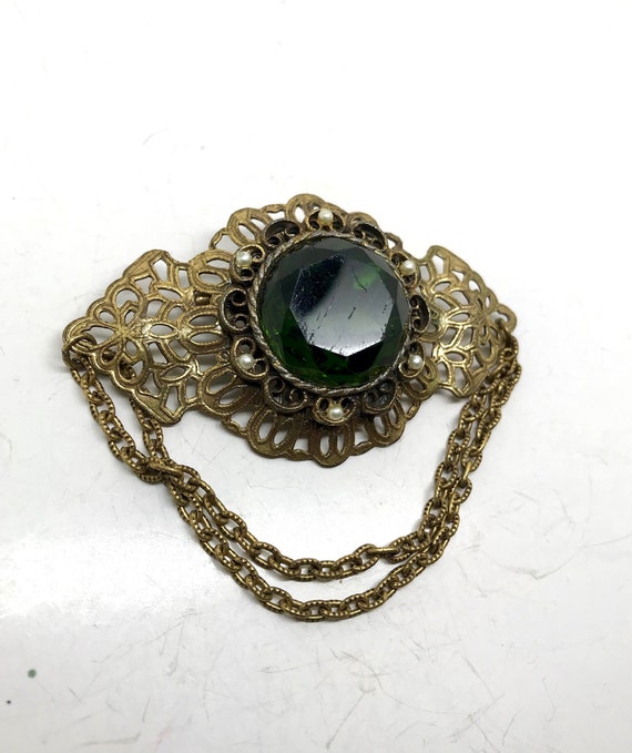 Vintage Dark Green Rhinestone Dangling Brooch