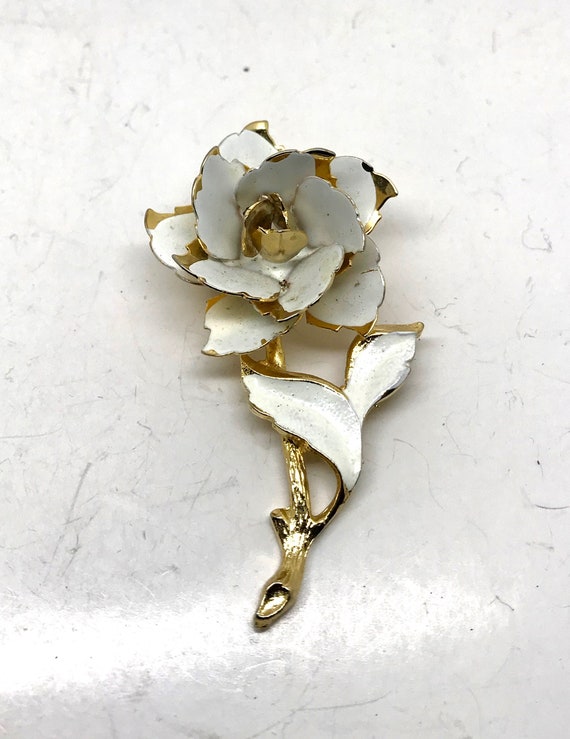 Vintage White Enamel with Gold Fringe Rose Brooch | Etsy
