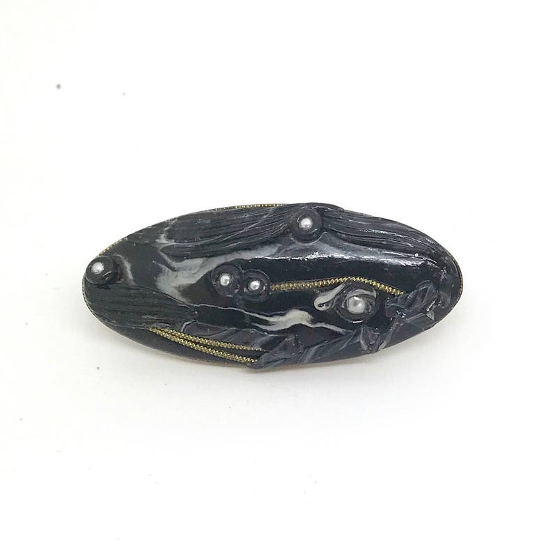 Unusual Vintage Abstract Geometric Black Resin Bar Brooch